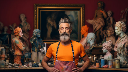 Sculptor beside finished sculptures vivid paints and brushes bright lightingの素材