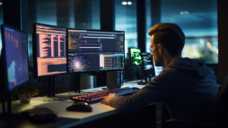 Editor reviews digital content on computer colorful screen glow focused expressionの素材