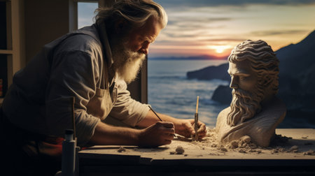 Sculptor at sea-side studio sculpting stone figure ocean waves and coastal landscapeの素材