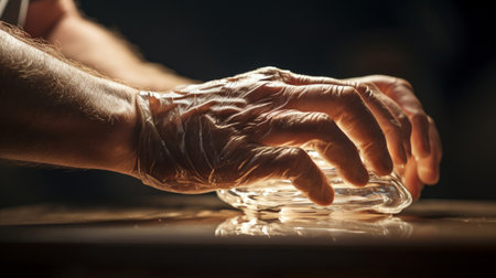 Sculptor adds finishing touches to glass sculpture translucent beauty under warm lightの素材