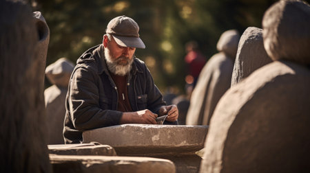 Sculptor contemplates in sculpture garden dappled sunlight on stone artの素材