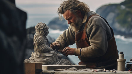 Sculptor shapes stone figure in coastal open-air studio ocean and landscape behindの素材