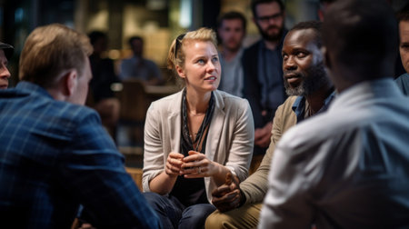 Passionate anthropologist engaged in discussions with diverse peopleの素材