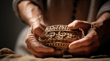 Anthropologist holding a fragile artifact with intricate carvingsの素材