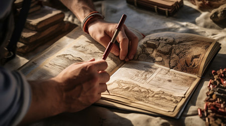 Hands sketching ancient structures emphasizing historical documentationの素材