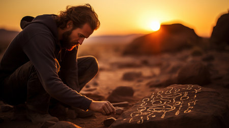 Anthropologist studying petroglyphs in desert at sunsetの素材
