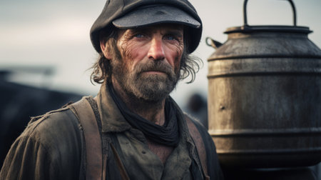 Farmer with vintage milk churn dressed in traditional attireの素材