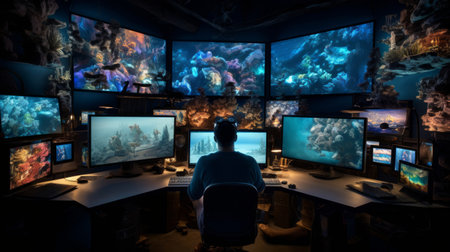 Digital artist with screens of fantasy landscape fusing art and techの素材