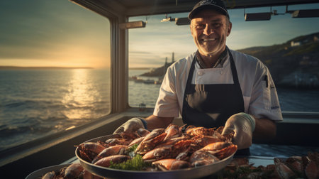 Proud seafood chef beside ocean fresh catch displayの素材