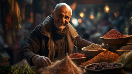 Spice vendor in bazaar aromatic spices and vibrant textilesの素材
