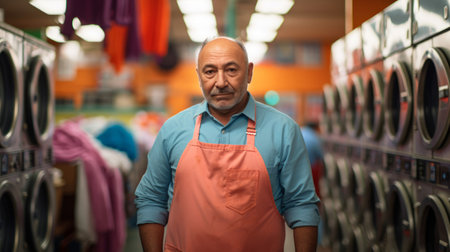Owner stands in bustling laundry room colorful detergent boxesの素材