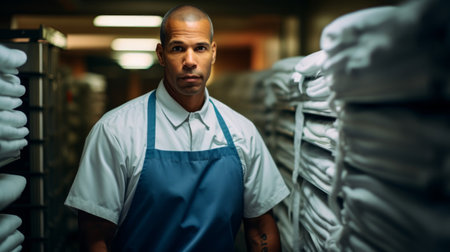 Supervising hotel laundry room stacks of linens efficient workflowの素材