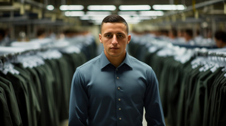 Inspecting military uniforms laundry manager with attentive soldiersの素材