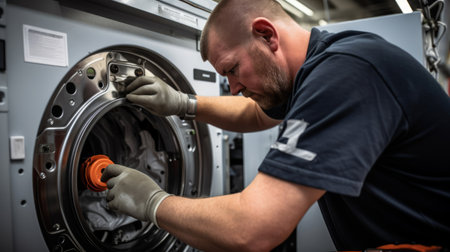 Skillful dryer repair by technician intricate tools in useの素材