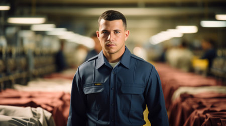 Laundry manager reviews military uniforms soldiers in backgroundの素材