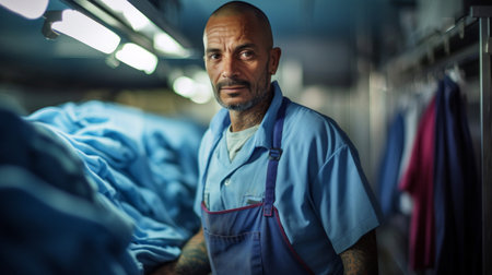 Worker focuses on folding white shirts clean and crisp presentationの素材