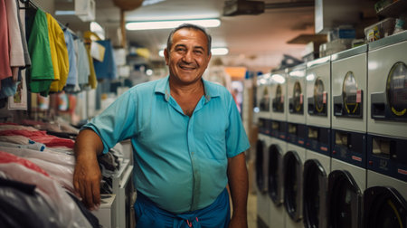 Modern laundry scene owner among advanced washing equipmentの素材