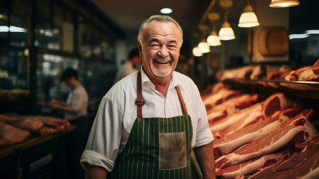 Focused butcher attention to detail well-stocked meat displayの素材