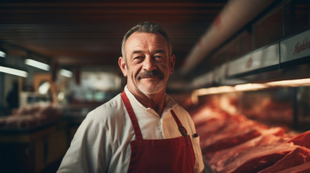 Prideful butcher with fresh cut focused satisfaction premium cut displayの素材