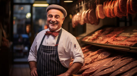 Accomplished butcher sausages display proud satisfied smileの素材