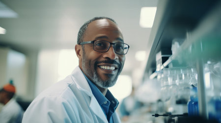 Biologist's happiness from success infectious smile vibrant lab environmentの素材