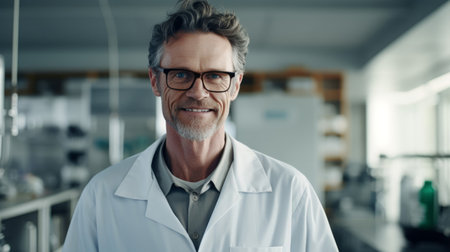 Fulfilled biologist serene smile lab equipment and research materials backdropの素材