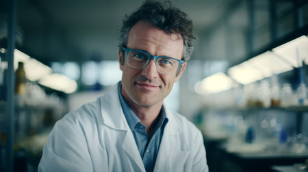 Contented chemist successful experiment adorned research environment hintの素材