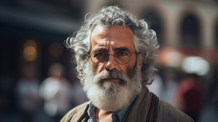 Portrait of philosopher in bustling city pursuit of wisdom among chaosの素材