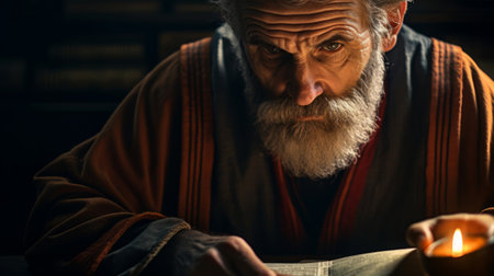 Philosopher in concentration ancient scroll candlelit casting intriguing shadowsの素材