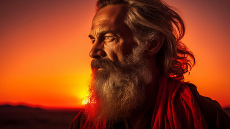 Philosopher at sunrise silhouette against vibrant desert enlightenment themeの素材