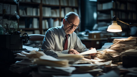Senior accountant working late desk lamp glow surrounded by financial reportsの素材