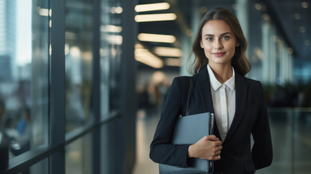 Confident female accountant in suit briefcase in hand front of glass office city viewの素材