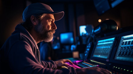 Sound engineer's skillful portrait professional backdrop vibrant color emphasisの素材