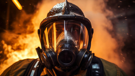 Firefighter's mask reflects firefighting team blazeの素材