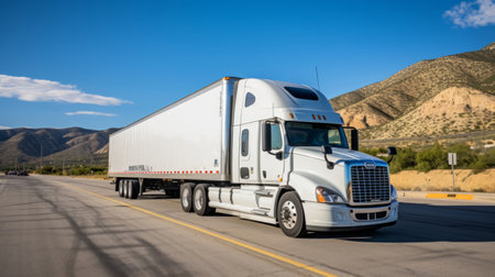 Confident female driver by her truck open highway backdropの素材