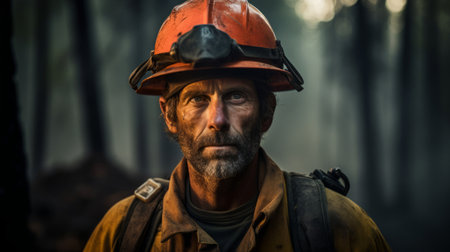 Veteran firefighter in forest working to contain wildfireの素材