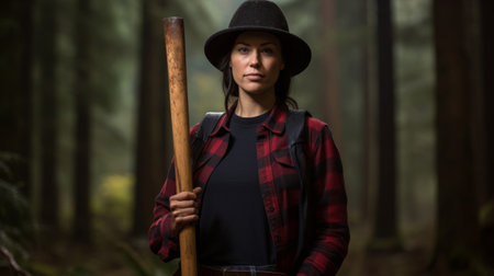 Female lumberjack stands with ax challenging traditional rolesの素材