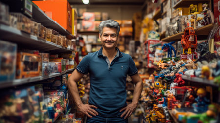 Toy store filled with classic and modern toys owner showcases variety sparking joyの素材