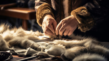 Furrier at work on fur design emphasizing detailed assembly and precisionの素材