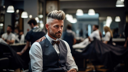 Bustling city salon scene skilled male hairdresser multitasking urban energyの素材