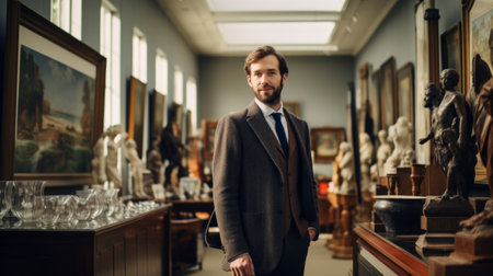 Hotel art curator in gallery stylish attire discussing artwork eclectic collectionの素材