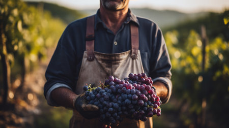 Early morning winegrower with ripe grapes labor and harvest connection denim overallsの素材