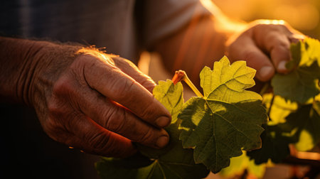 In vineyard at sunset viticulturist examines leaves detail-oriented care warm light backdropの素材
