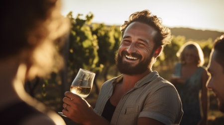 Winegrower toasts in vineyard surrounded by loved ones wine uniting joy communal celebrationの素材