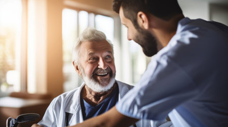 Senior patient assistance by male nurse wheelchair care showcasing patient-centered approachの素材