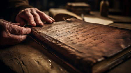 Viticulturist's calloused hands old winemaking journal generations' notes legacy and knowledgeの素材