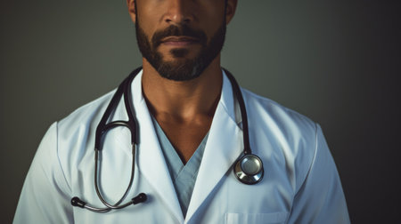 Professional male nurse crisp uniform mid-30s stethoscope symbolizing care and expertiseの素材