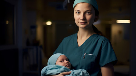 Nurturing nurse late 20s with newborn gentle care in healthcare symbolizing compassionの素材