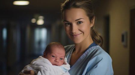 Compassionate nurse late 20s newborn care gentle smile nurturing symbol in healthcareの素材