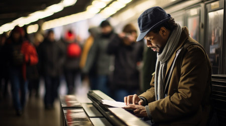 Pianist playing lively music in crowded subway brightening commuter dayの素材